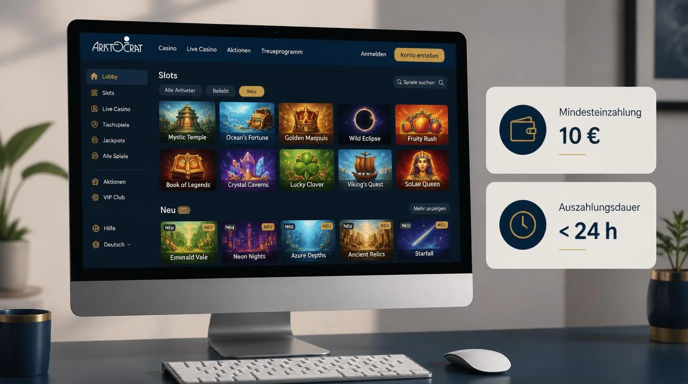 Casino-Oberfläche mit 10 € Mindesteinzahlung, Auszahlung unter 24 Stunden und neuen Spielen