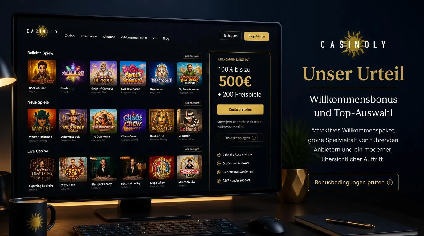 Casino-Oberfläche mit Spielauswahl und hervorgehobenem Willkommensangebot