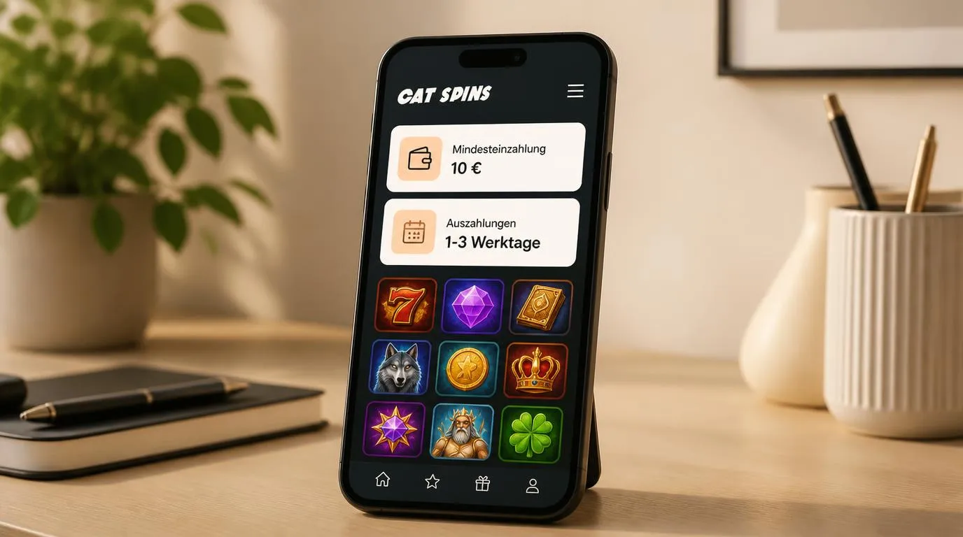 Smartphone mit Casinoübersicht, 10 € Mindesteinzahlung und Auszahlungsfenster von 1-3 Werktagen
