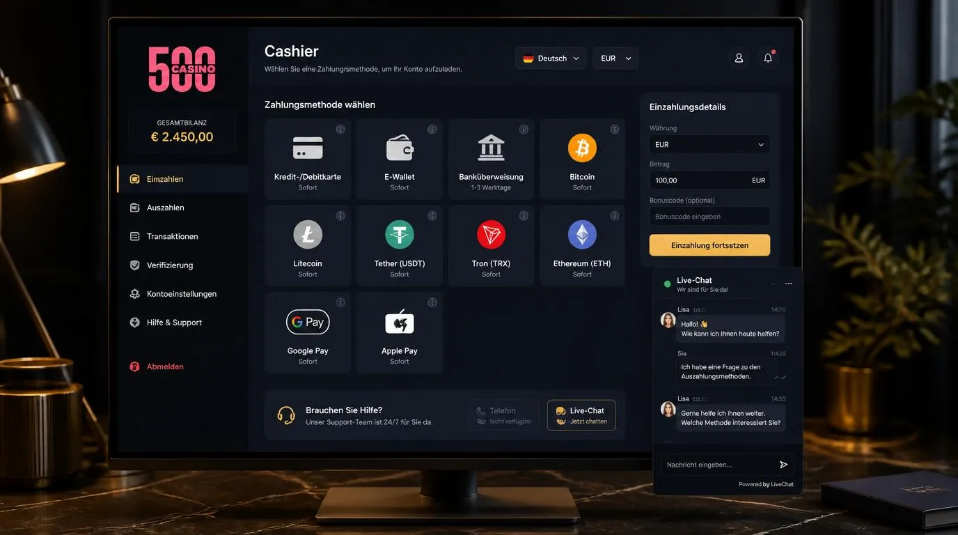 Deutsche Casino-Kassenansicht mit Euro-Auswahl, Zahlungsarten und geöffnetem Live-Chat