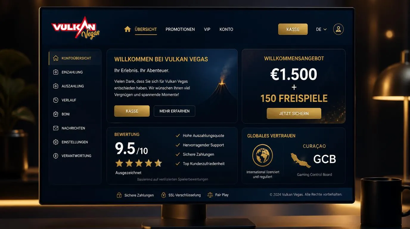 Casino-Kontodashboard mit 9,5-Bewertung, Willkommensangebot und sichtbarem Zugang zur Kasse