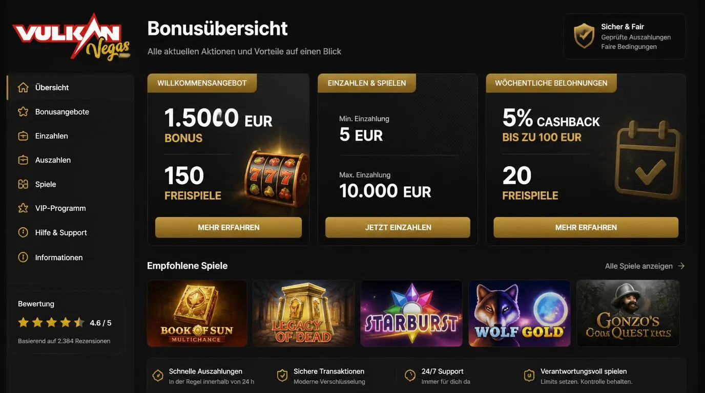 Casino-Bonusbereich mit Willkommensangebot, Freispiele-Anzeige und niedriger Einzahlung ab 5 EUR