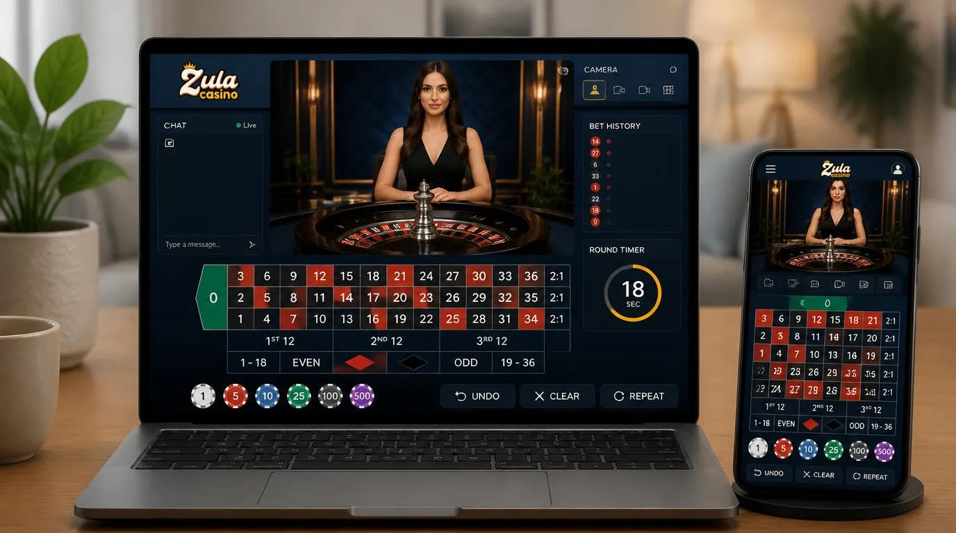 Live-Casino-Oberfläche mit Dealer-Video, Einsatzfeldern, Chat, Wettverlauf und Kamerawahl